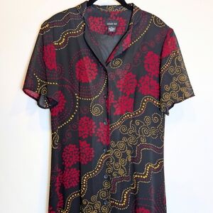 Leslie Fay Vintage 90s Black Red Gold Sheer Overlay Button Front Dress Size 12